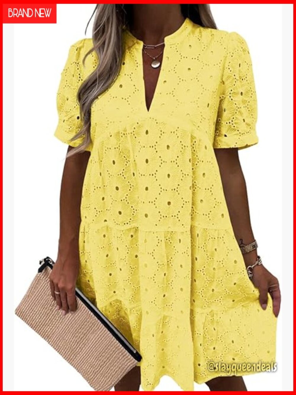 Eyelet Lace Swing Dress Short Sleeve V-Neck Tunic Flowy Babydoll Summer